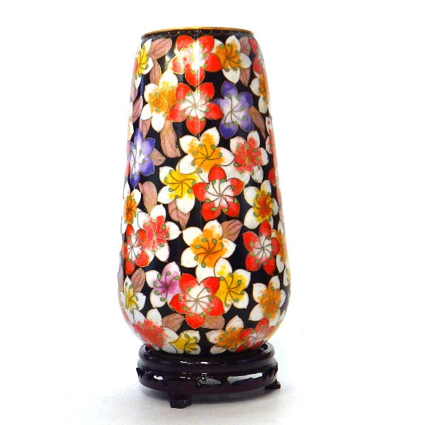 七宝焼　陶器製花瓶 深い赤色 花模様 七宝焼 陶器製花瓶 深い赤色 花模様 七宝焼紅色花瓶（花柄）台座