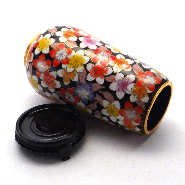 七宝焼紅色花瓶(花柄)台座付