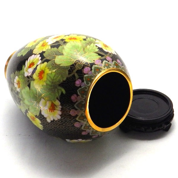 七宝焼卵型花瓶(花柄)台座付