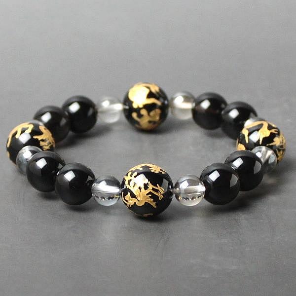 AA級風水四神相応彫りブレスレット(黒)●石の意味カード付【紙箱付き】