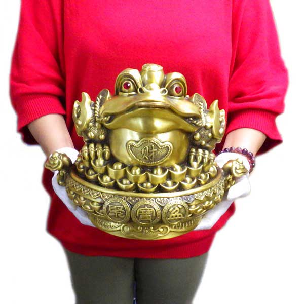 銅製「集宝盆三脚蛙(特大)」●風水古銭付き