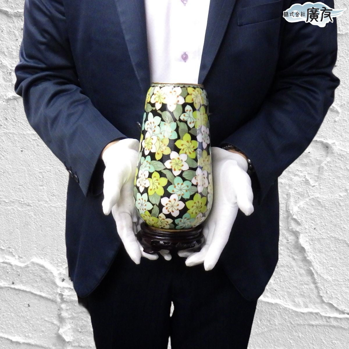 七宝焼緑彩花瓶 大(花柄)