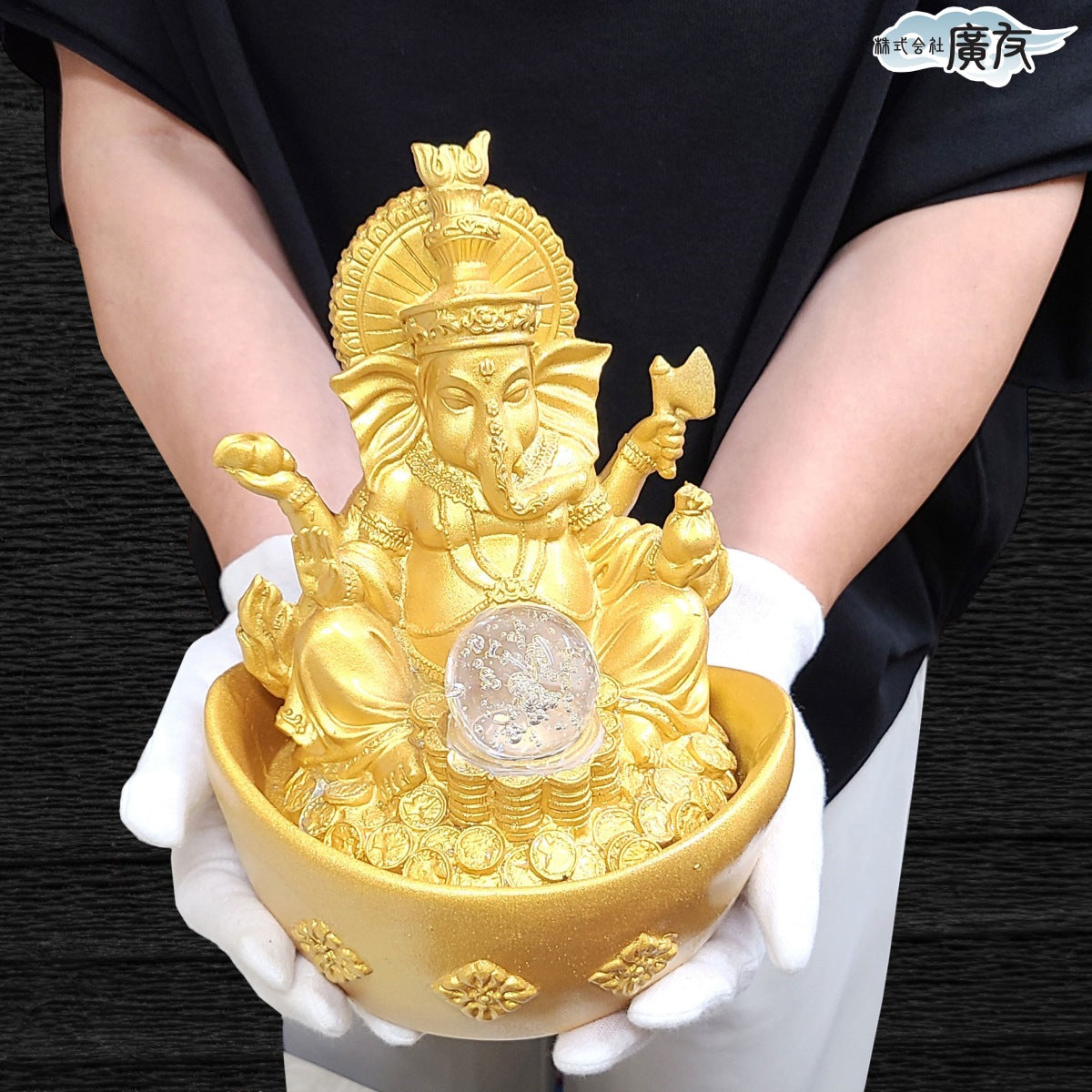 樹脂製 流水金運祈願元宝ガネーシャ龍珠(噴水)