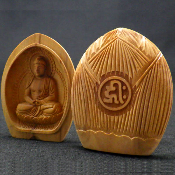 白檀香合仏　開運十二支御守本尊（戌（いぬ）・亥（いのしし）　阿弥陀如来）●金色巾着付×5コまとめ買い