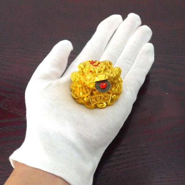 樹脂製「金財三脚蛙（黄金）」●赤色フェルト付●古銭付き