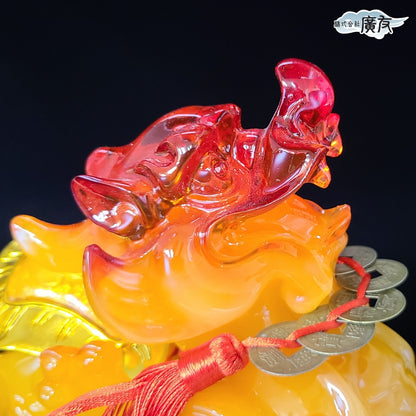 瑠璃 招財避邪 貔貅(ヒキュウ)(一対)(特大)(黄)中国結 五帝古銭付き【再入荷新商品】