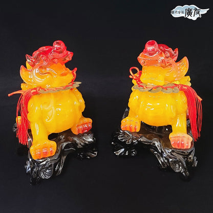 瑠璃 招財避邪 貔貅(ヒキュウ)(一対)(特大)(黄)中国結 五帝古銭付き【再入荷新商品】