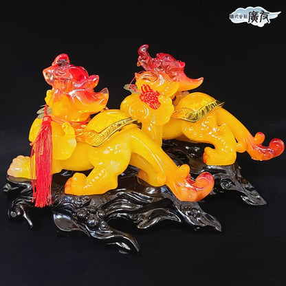 瑠璃 招財避邪 貔貅(ヒキュウ)(一対)(特大)(黄)中国結 五帝古銭付き【再入荷新商品】