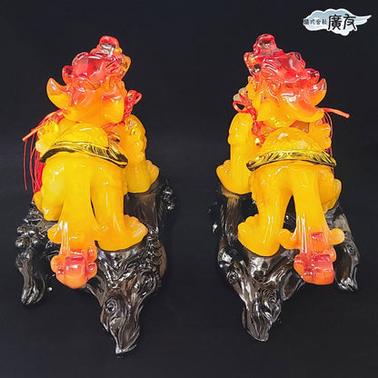 瑠璃 招財避邪 貔貅(ヒキュウ)(一対)(特大)(黄)中国結 五帝古銭付き【再入荷新商品】