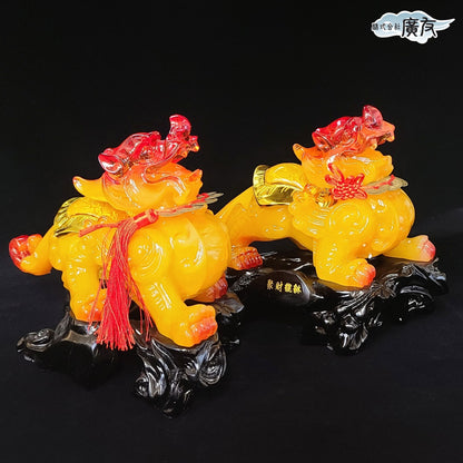 瑠璃 招財避邪 貔貅(ヒキュウ)(一対)(特大)(黄)中国結 五帝古銭付き【再入荷新商品】