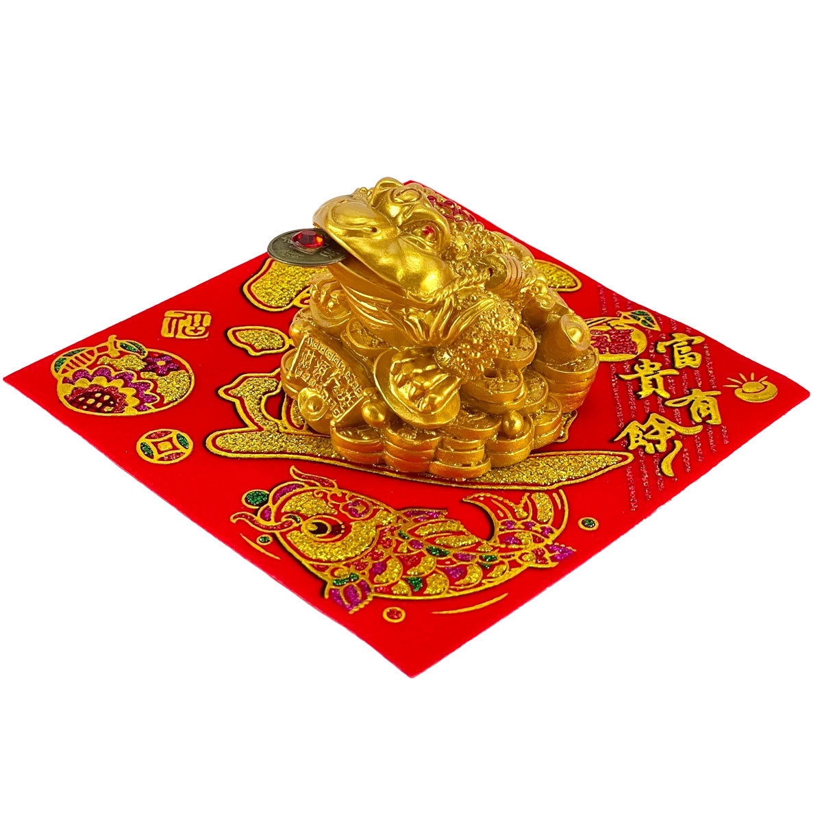 樹脂製「金財三脚蛙（黄金）」●招財進宝敷物付●古銭付き